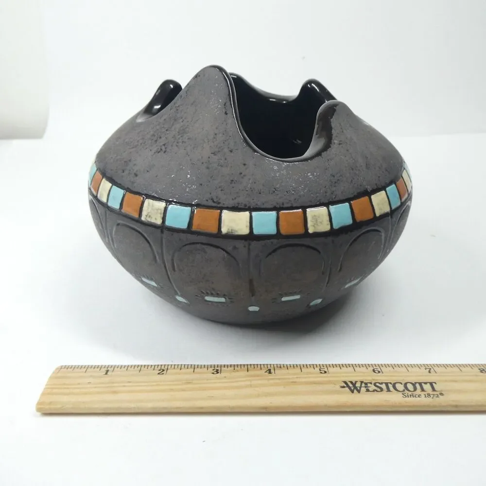 Black Ceramic Bowl Pot w/Blue Squares Geometric Signed Vtg MCM Blackware Native?
